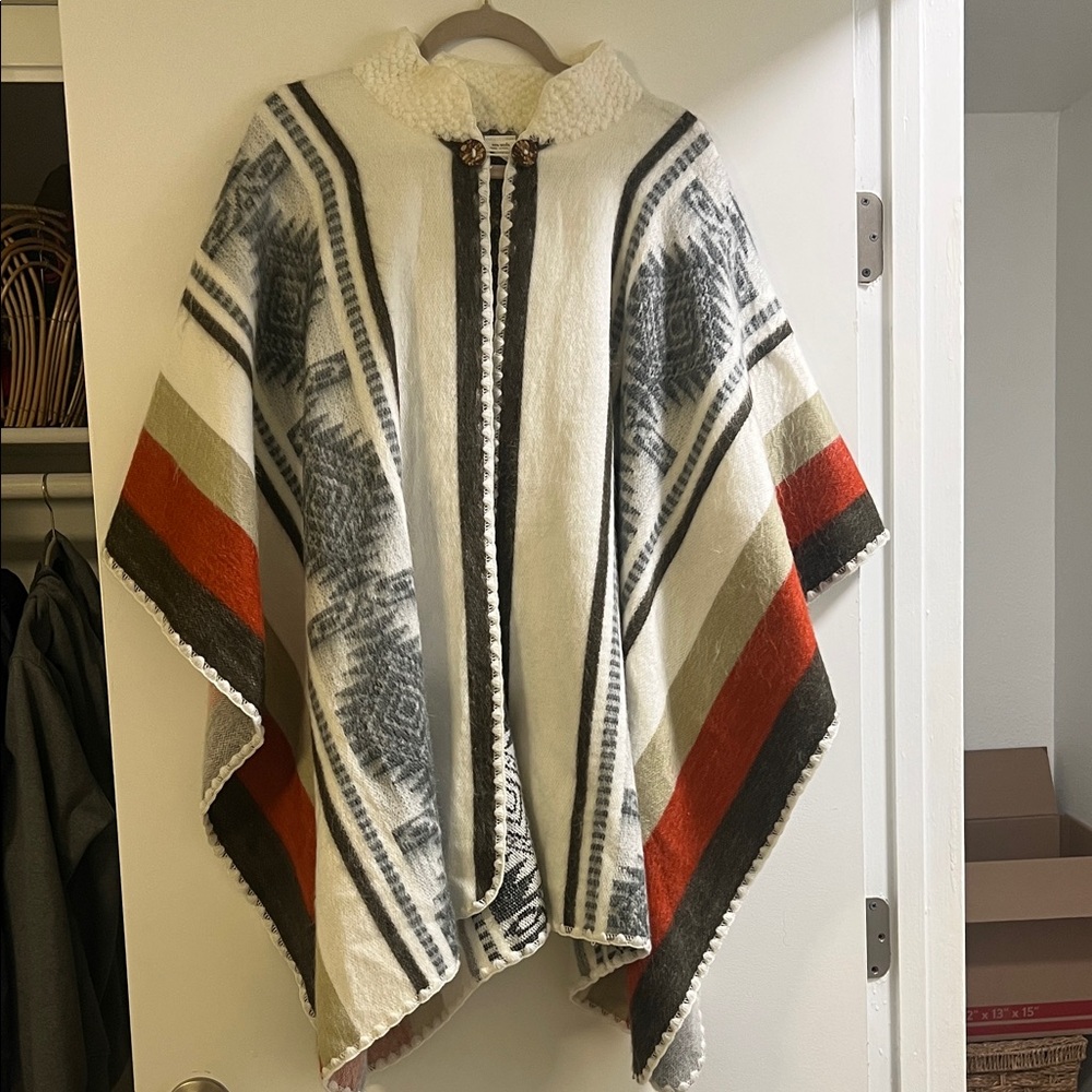 Striped Wool Poncho with Tribal Pattern